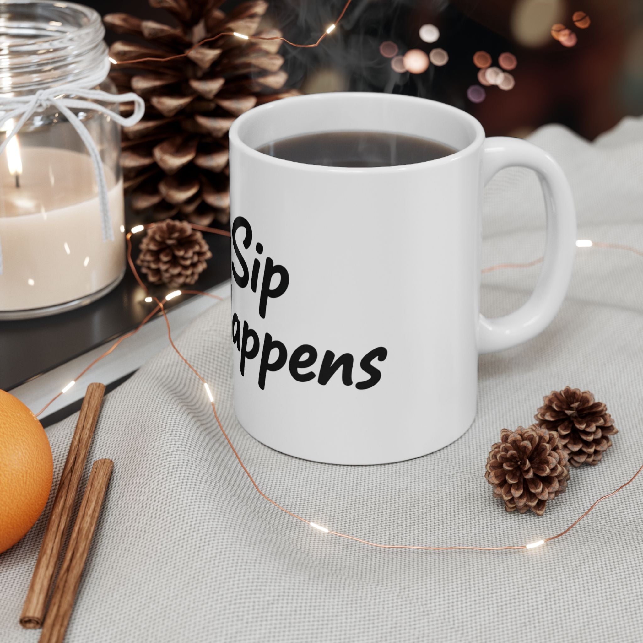 Sip Happens Ceramic Mug — Funny Dog with Champagne Coffee Cup (11oz, 15oz)