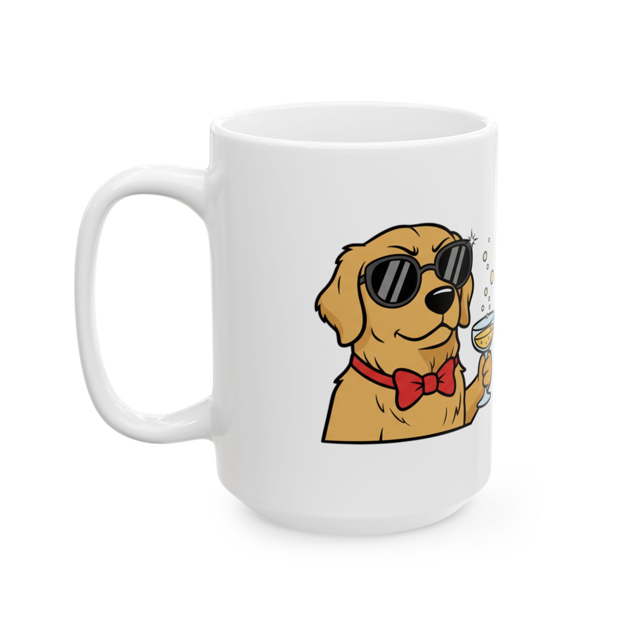 Sip Happens Ceramic Mug — Funny Dog with Champagne Coffee Cup (11oz, 15oz)