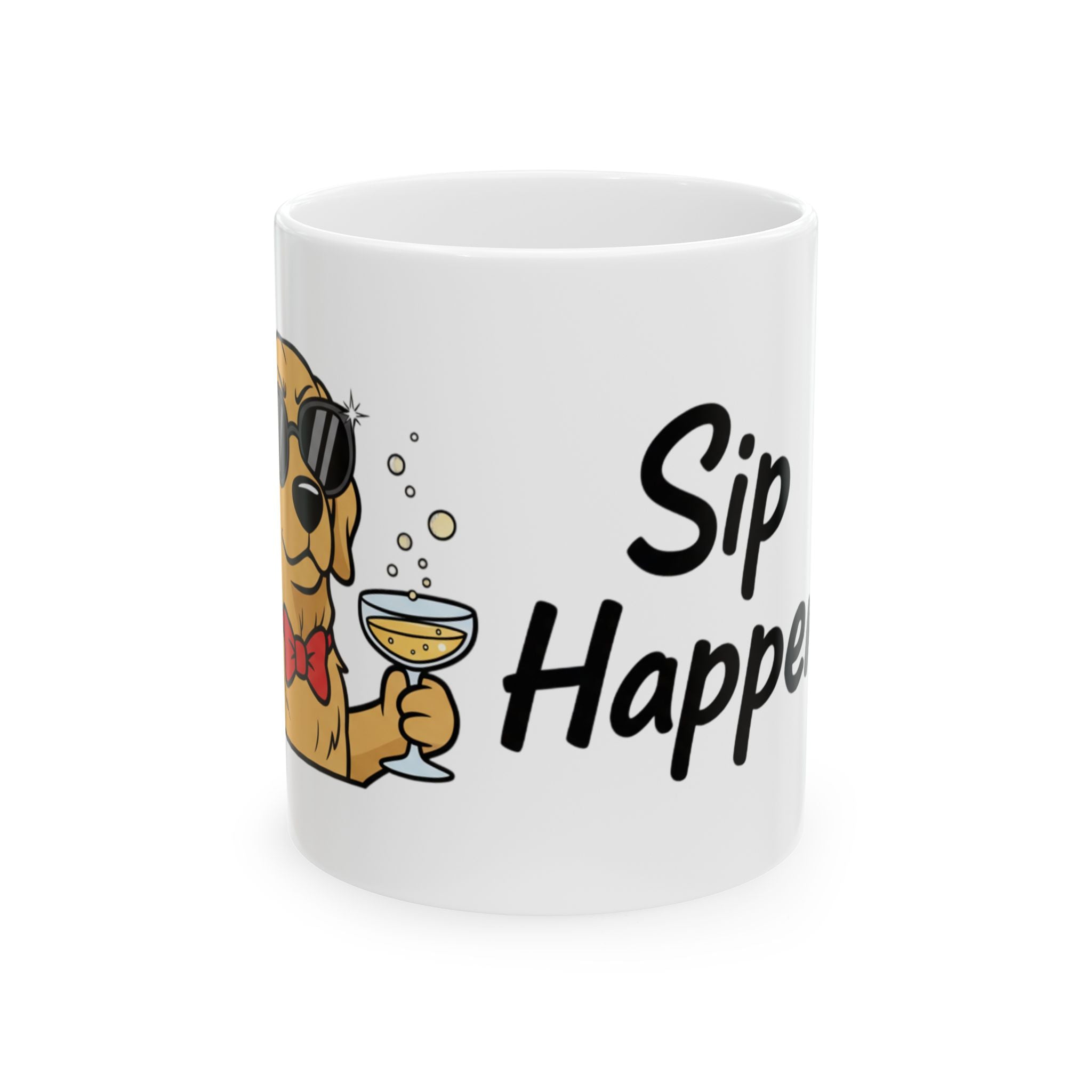 Sip Happens Ceramic Mug — Funny Dog with Champagne Coffee Cup (11oz, 15oz)