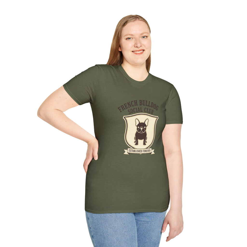 French Bulldog Social Club T-Shirt — Retro Crest Graphic Tee for Dog Lovers