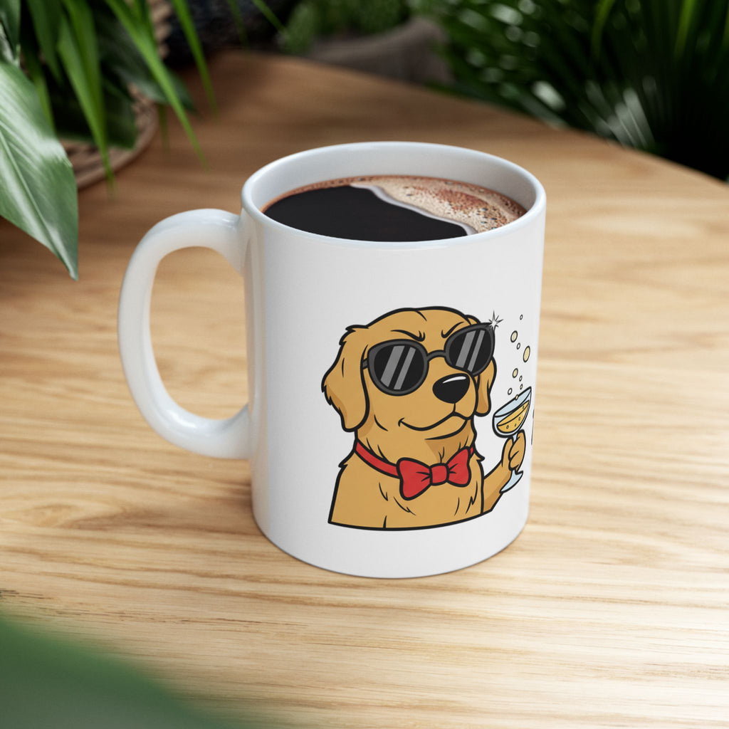 Sip Happens Ceramic Mug — Funny Dog with Champagne Coffee Cup (11oz, 15oz)