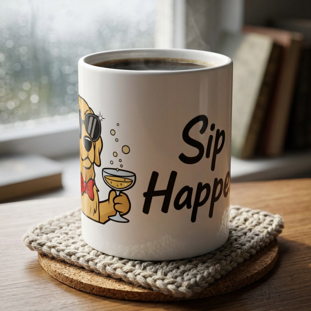 Sip Happens Ceramic Mug — Funny Dog with Champagne Coffee Cup (11oz, 15oz)