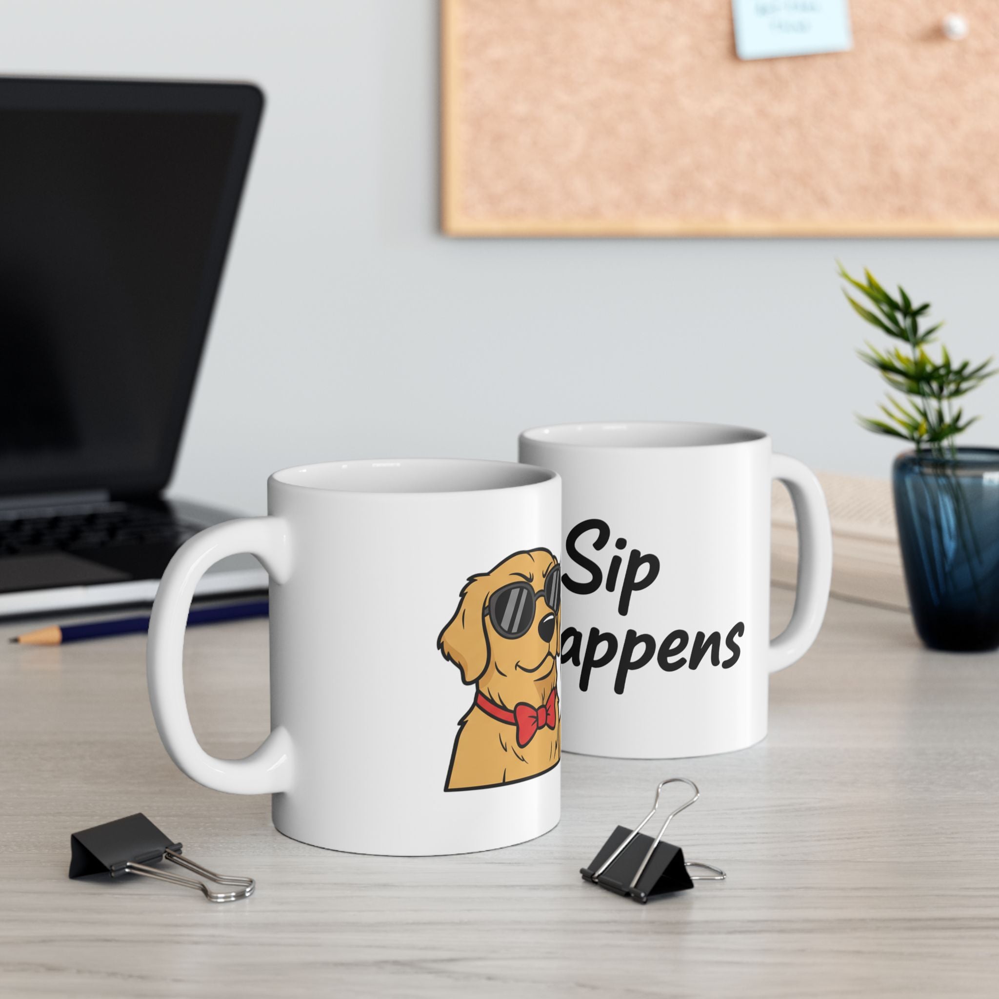 Sip Happens Ceramic Mug — Funny Dog with Champagne Coffee Cup (11oz, 15oz)