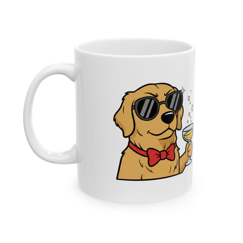 Sip Happens Ceramic Mug — Funny Dog with Champagne Coffee Cup (11oz, 15oz)